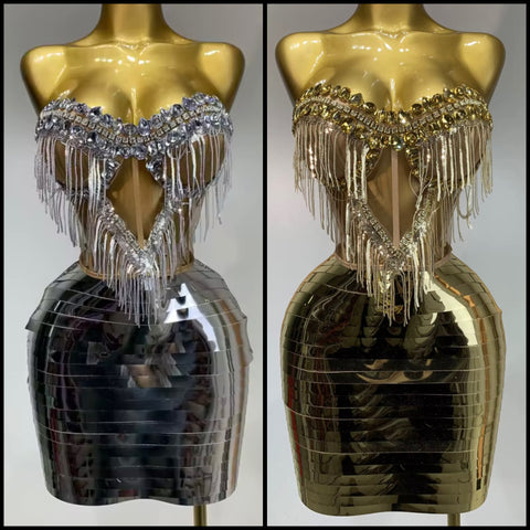 Women Sexy Strapless Metallic Tassel Two Piece Skirt Set