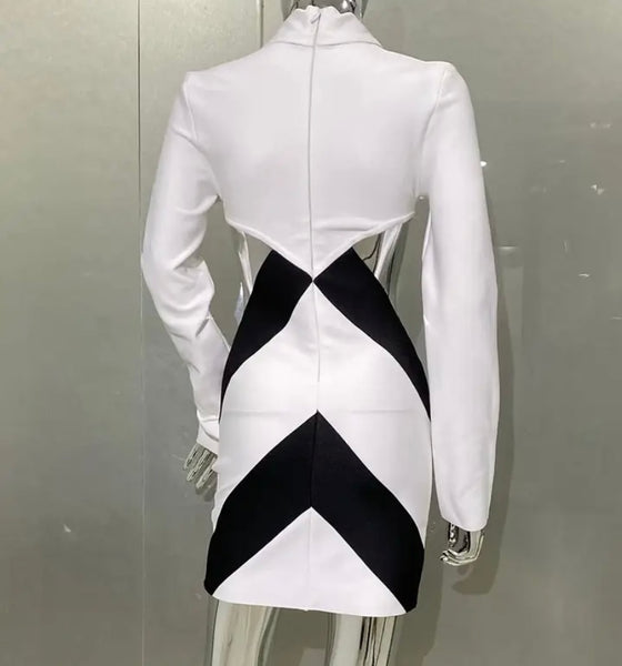 Women Sexy White/Black Tie Full Sleeve Dress