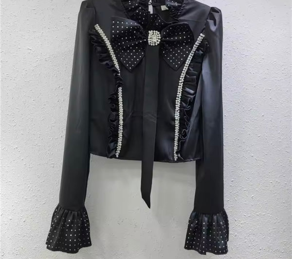 Women Bling Pearl Bow Full Sleeve Fashion Top