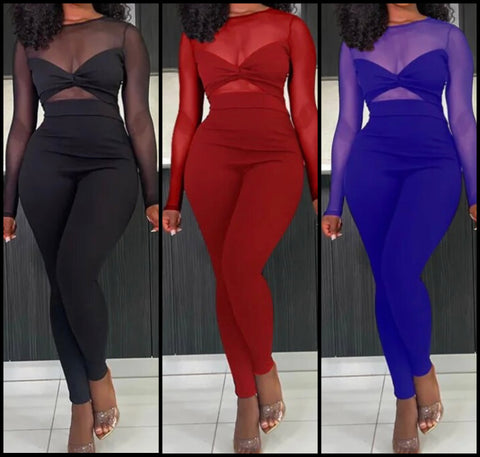 Women Sexy Solid Color Full Sleeve Mesh Patchwork Jumpsuit