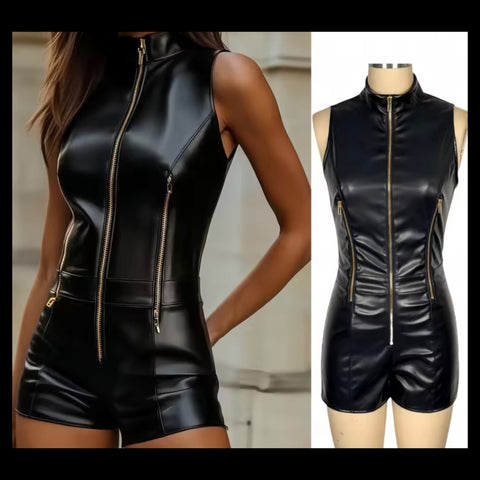 Women Black Zip Up Sleeveless PU Fashion Romper