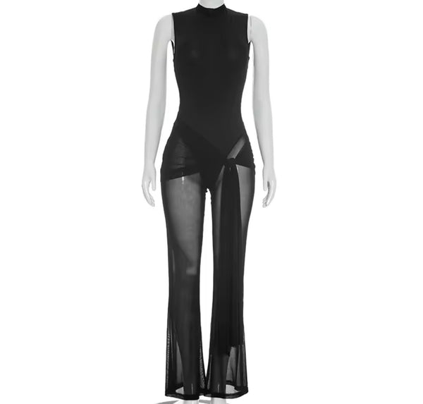 Women Sexy Sleeveless Black Mesh Tie Up Jumpsuit