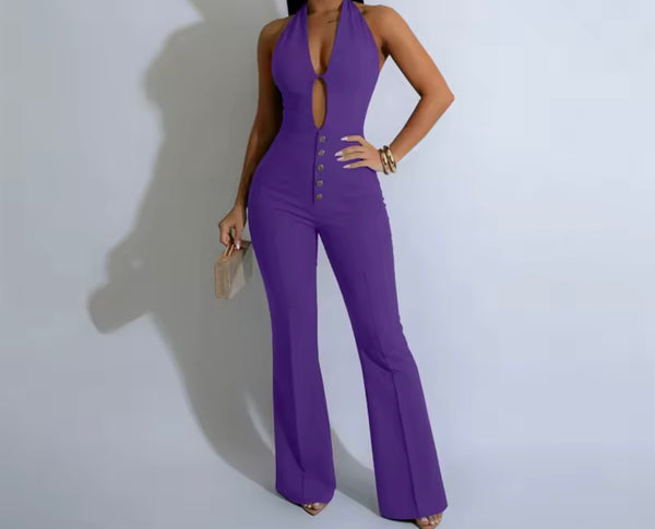 Women Sexy Button Cut Out Halter Sleeveless Jumpsuit