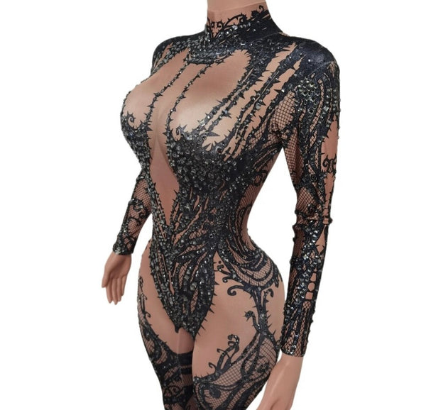 Women Sexy Full Sleeve Rhinestone Mesh Patchwork Jumpsuit