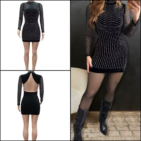 Women Sexy Black Bling Velour Open Back Full Sleeve Dress