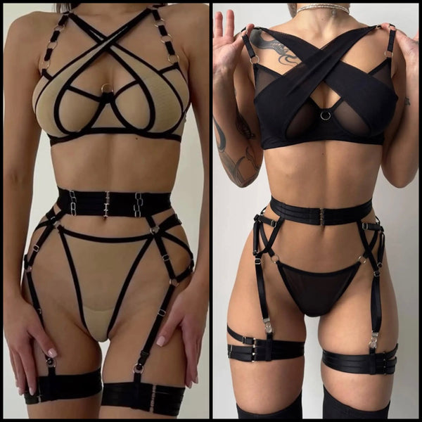 Women Sexy Criss Cross Mesh Lingerie Set