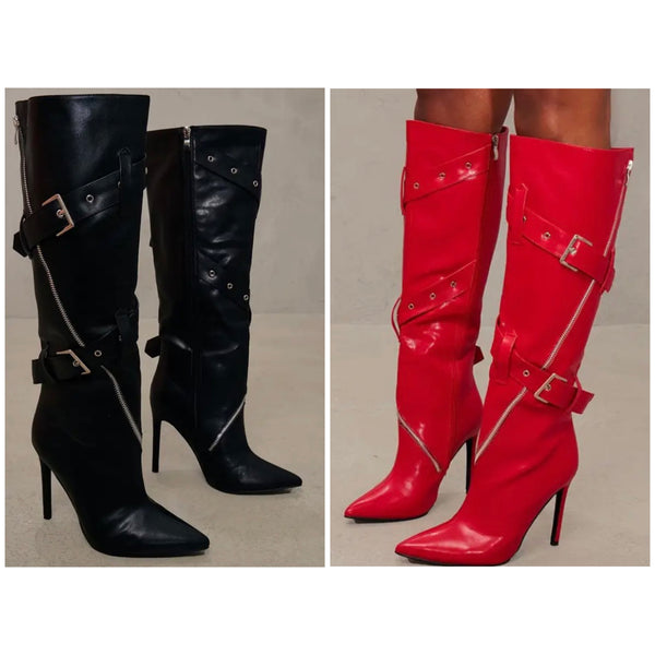 Women Pointed Toe Buckled Zipper Faux Leather Knee High Boots