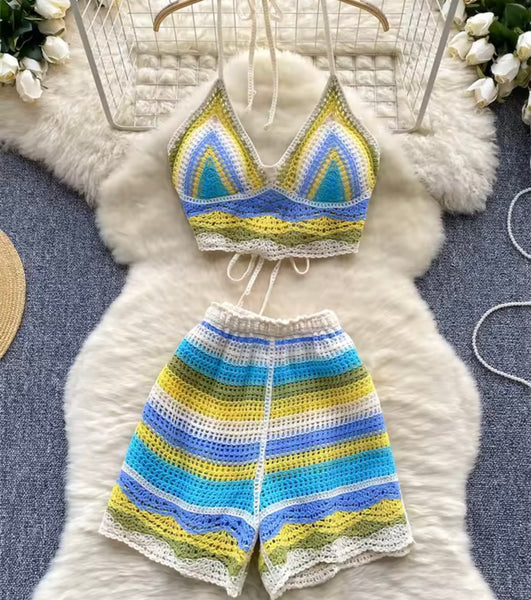 Women Fashion Multicolored Knitted Two Piece Short Set