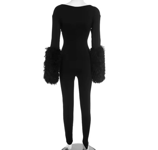 Women Sexy Fur Full Sleeve Cut Out Jumpsuit