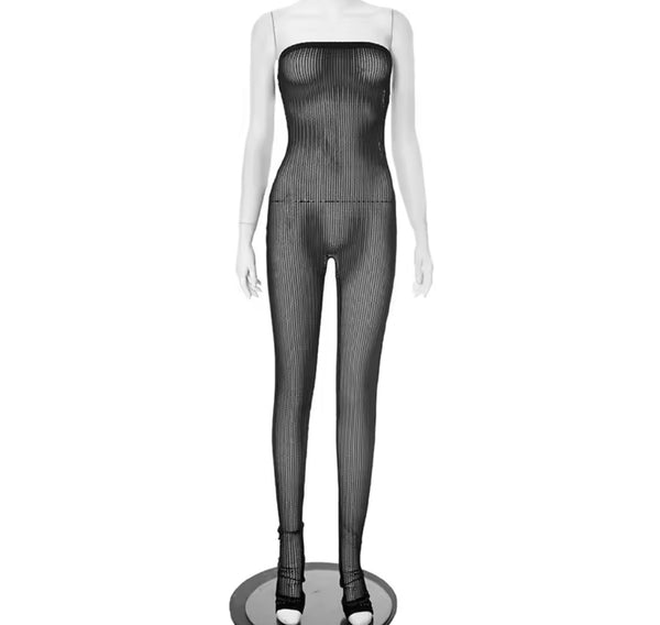 Women Black Sexy Strapless See Through Jumpsuit