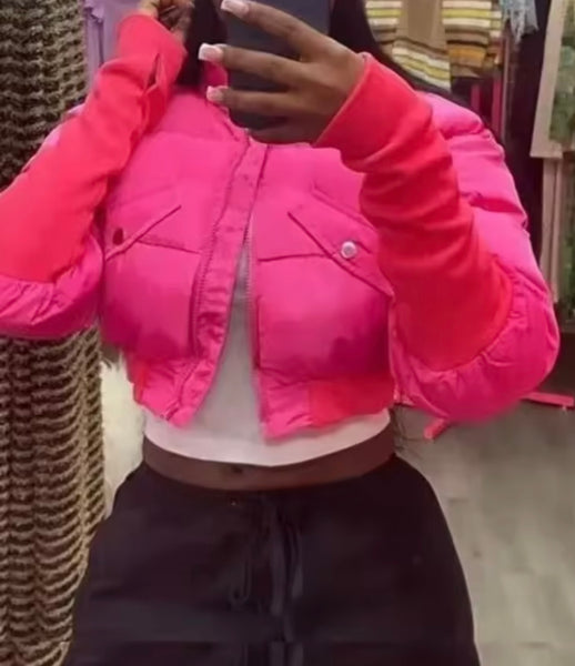 Women Color Fashion Puff Crop Jacket