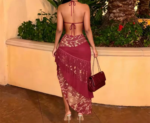 Women Sexy Halter Sleeveless Printed Tassel Two Piece Skirt Set
