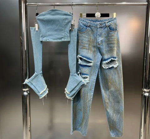 Women Fashion Strapless Full Sleeve Two Piece Denim Pant Set