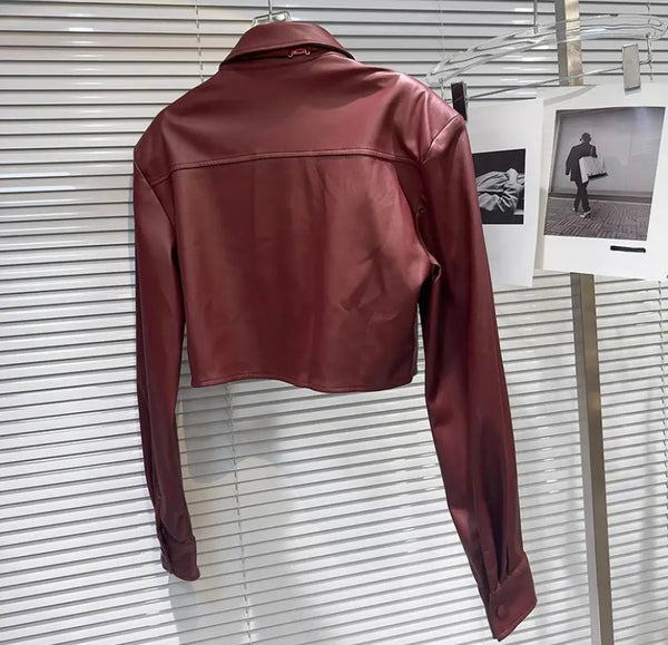 Women Fashion Bling Tie Full Sleeve Faux Leather Crop Top