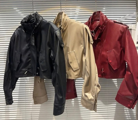 Women Faux Leather Fashion Solid Color Jacket