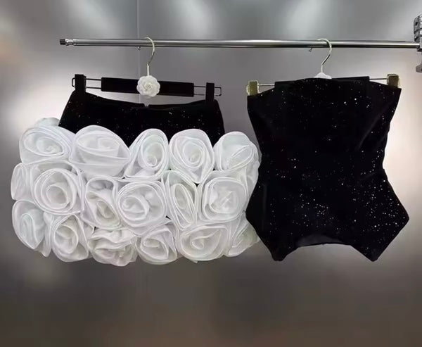 Women Sexy Strapless Sequins B&W Floral Two Piece Skirt Set