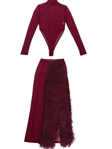 Women Sexy Burgundy Faux Fur Mesh Bodysuit Two Piece Skirt Set