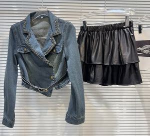 Women Fashion Two Piece Denim Full Sleeve Faux Leather Ruffled Skirt Set