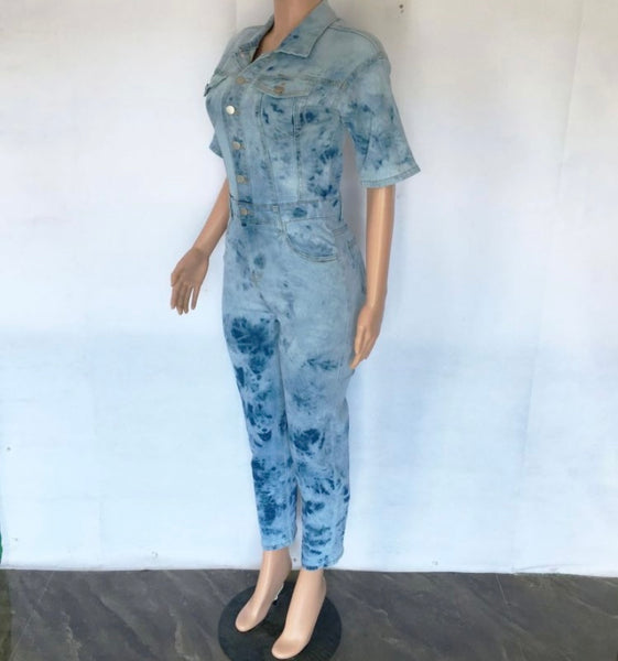 Women Short Sleeve Button Up Fashion Denim Jumpsuit