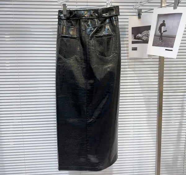 Women Black Front Zipper Belted Faux Leather Maxi Skirt