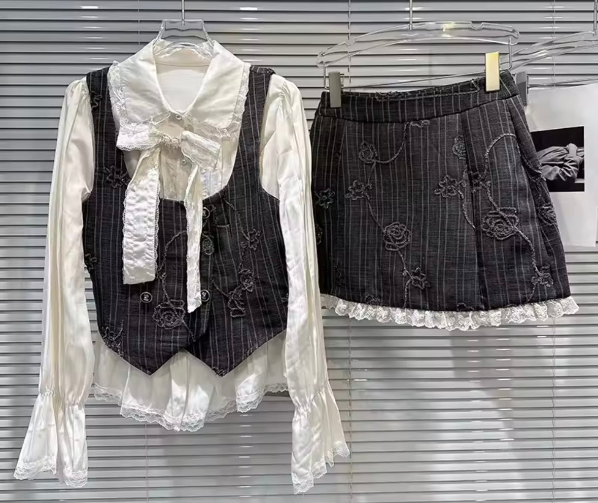 Women Ruffled Full Sleeve Gray Pinstripes Two Piece Skirt Set