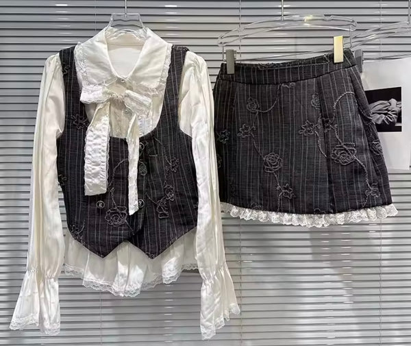 Women Ruffled Full Sleeve Gray Pinstripes Two Piece Skirt Set