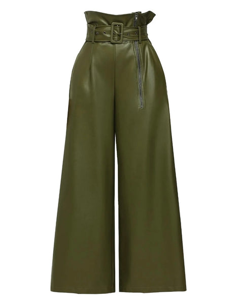 Women Side Zipper Fashion Faux Leather Wide Leg Pants