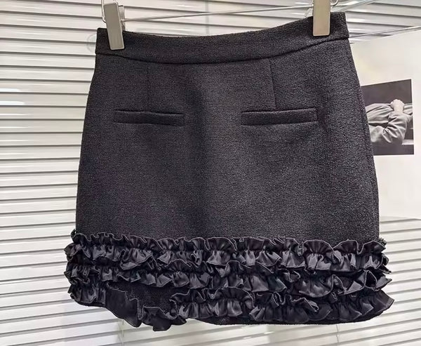 Women Black Floral Fashion Blazer Tweed Two Piece Skirt Set