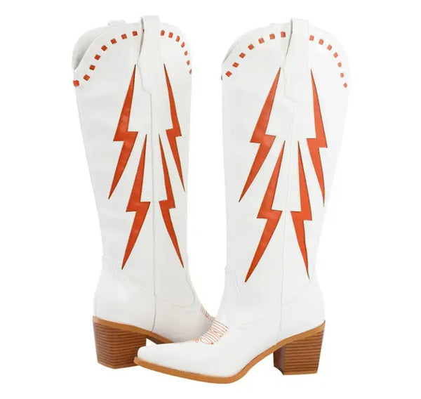 Women Fashion White Color Patchwork Knee High Western Boots