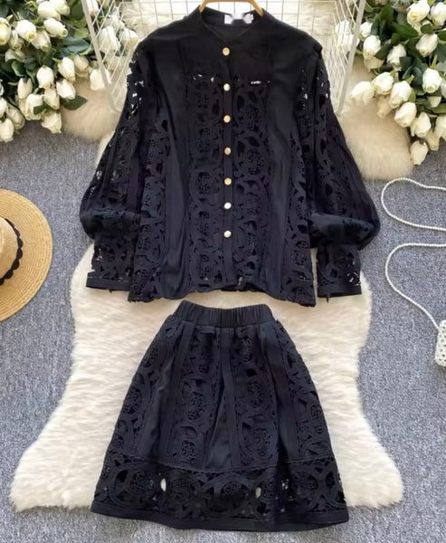 Women Lace Button Up Full Sleeve Two Piece Skirt Set