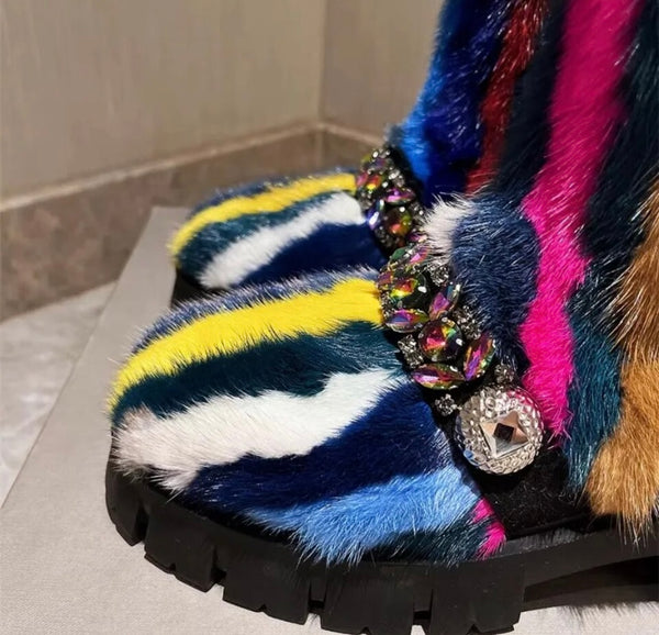 Women Fashion Multicolored Bling Faux Fur Boots