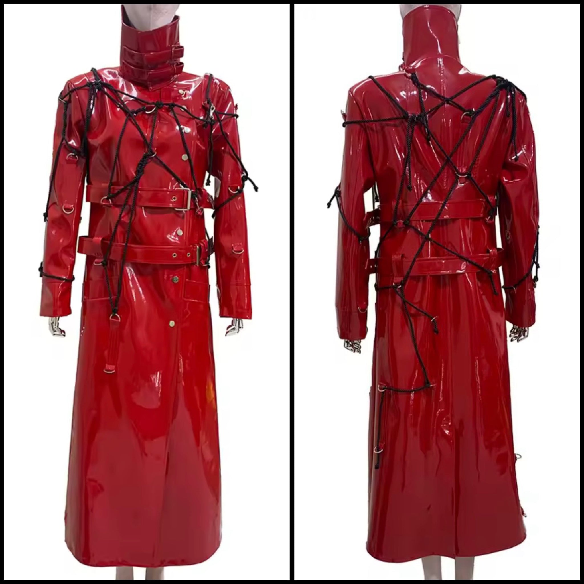 Women Fashion Red PU Leather Gothic Trench Jacket