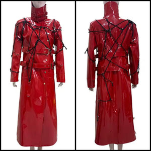 Women Fashion Red PU Leather Gothic Trench Jacket