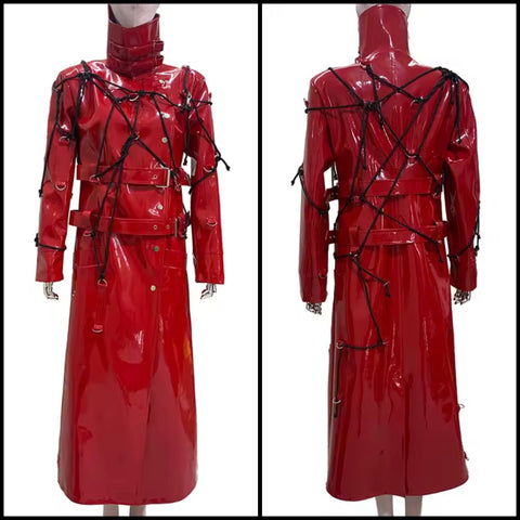 Women Fashion Red PU Leather Gothic Trench Jacket