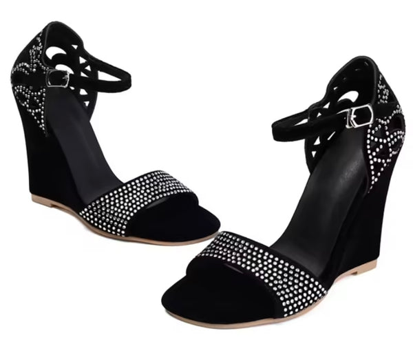 Women Fashion Bling Rivet Suede Platform Ankle Strap Sandals