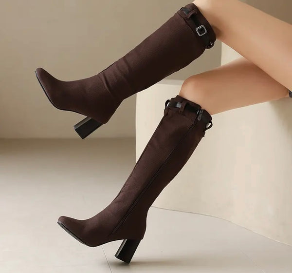 Women Fashion Color Buckled Zip Up Knee High Boots