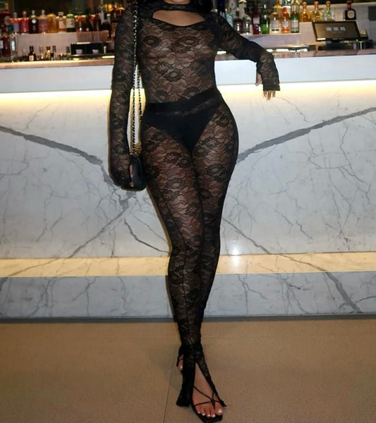 Women Sexy Full Sleeve Black Lace Bodysuit Two Piece Pant Set