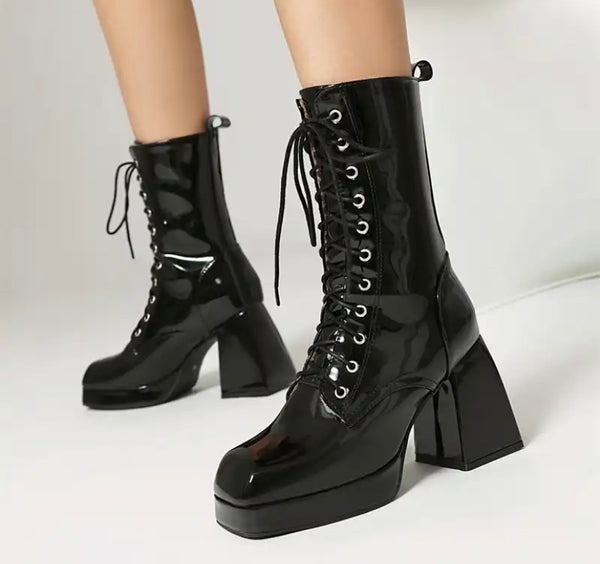 Women Fashion Lace Up Patent Leather Ankle Boots