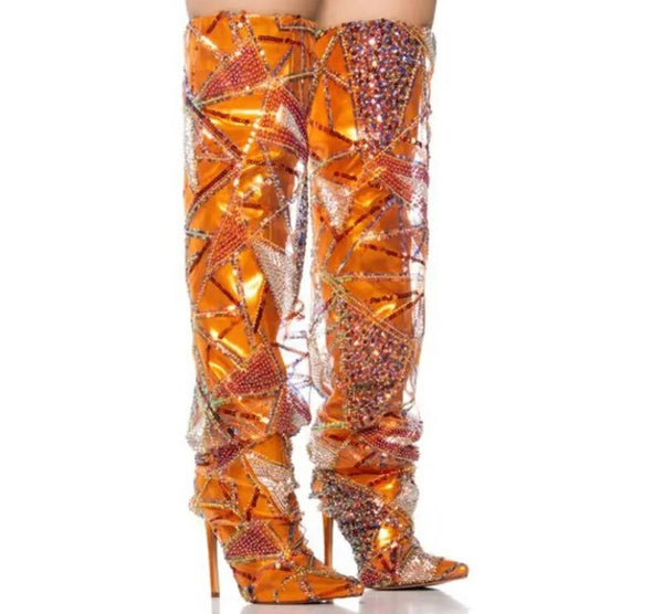 Women Fashion Orange Bling Patchwork Over The Knee Boots