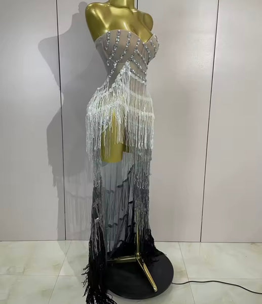 Women Sexy Rhinestone Mesh Strapless Gradient Fringe Tassel Dress