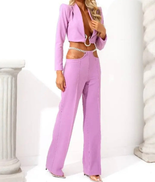 Women Sexy Metal Chain Crop Blazer Two Piece Pant Set