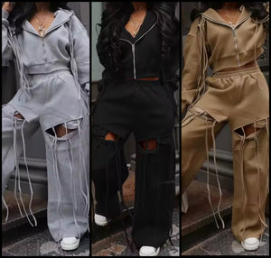 Women Hooded Zip Up Cut Out Tassel Tracksuit Two Piece Pant Set