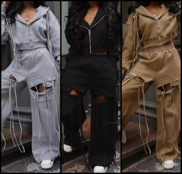 Women Hooded Zip Up Cut Out Tassel Tracksuit Two Piece Pant Set