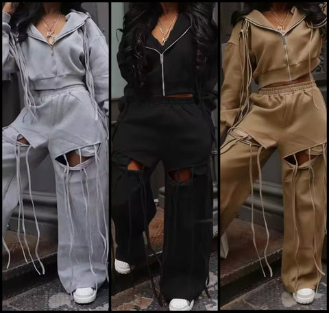 Women Hooded Zip Up Cut Out Tassel Tracksuit Two Piece Pant Set