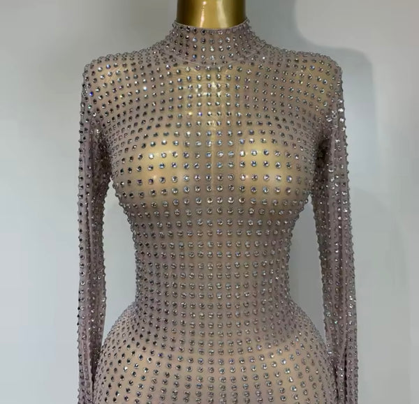 Women Sexy See Through Mesh Bling Full Sleeve Maxi Dress