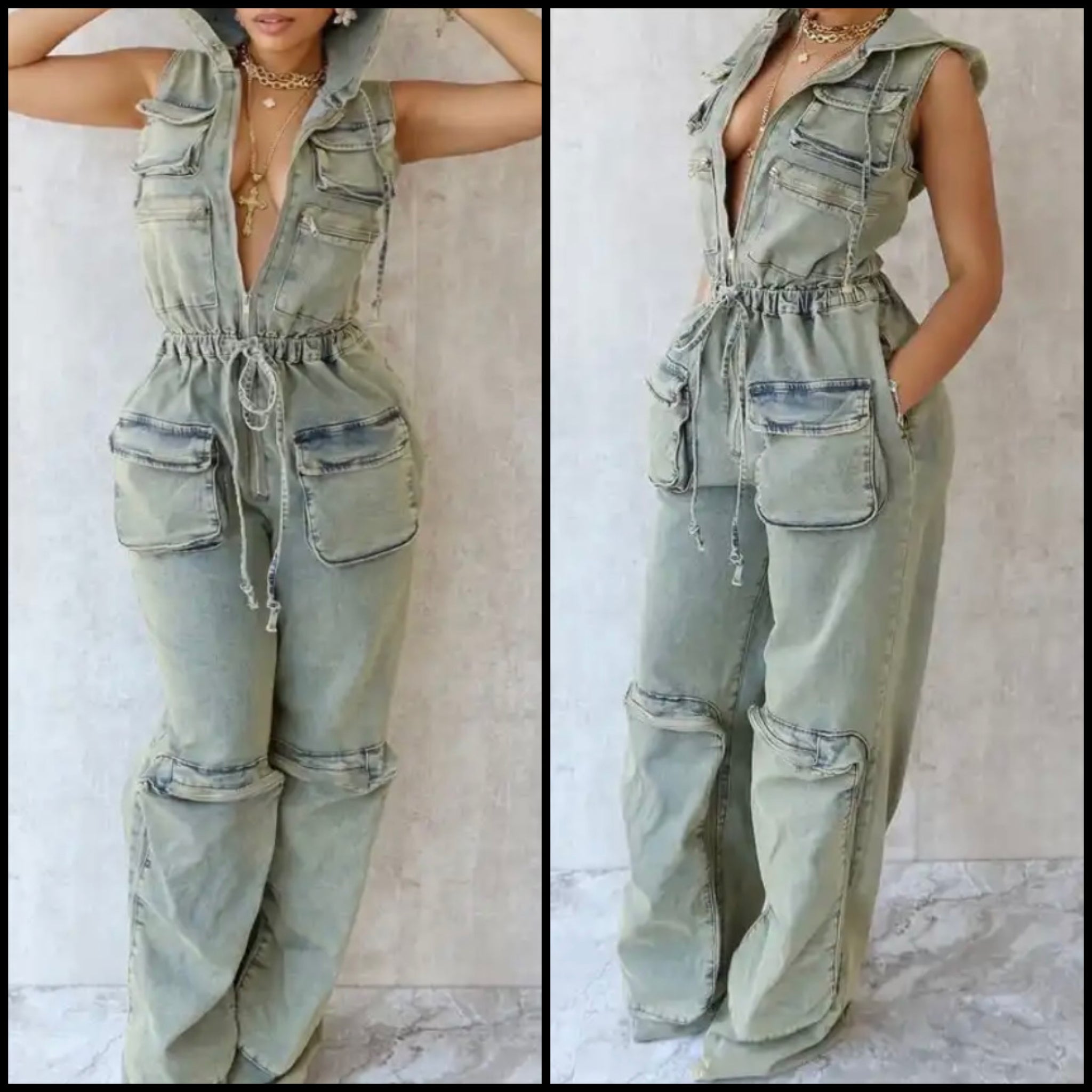 Women Fashion Hooded Sleeveless Drawstring Denim Jumpsuit