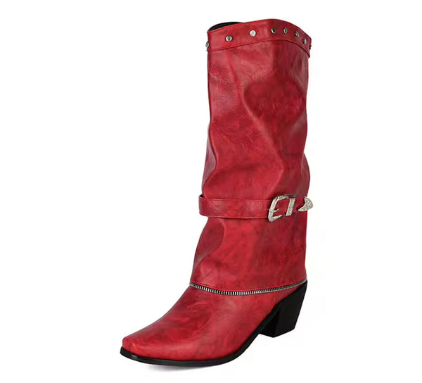 Women Fashion Rivet Zipper Buckled Western Boots