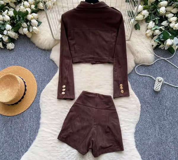 Women Fashion Suede Button Up Full Sleeve Two Piece Short Set