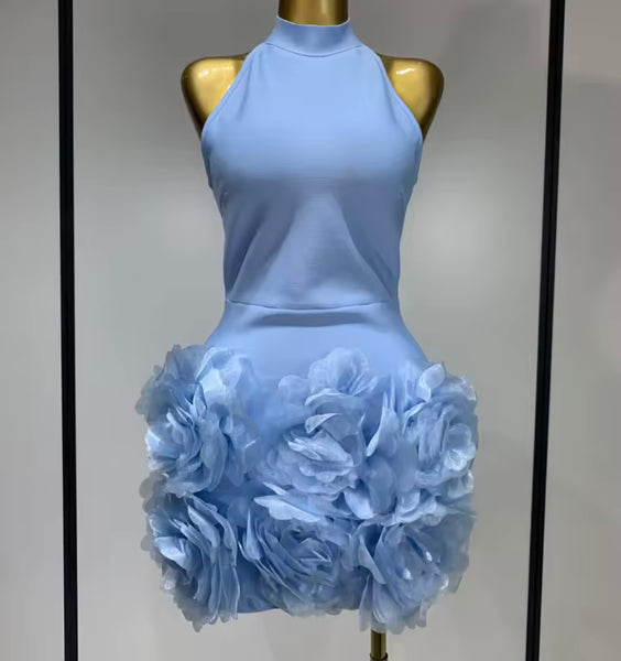 Women Sexy Blue Halter Sleeveless Floral Dress