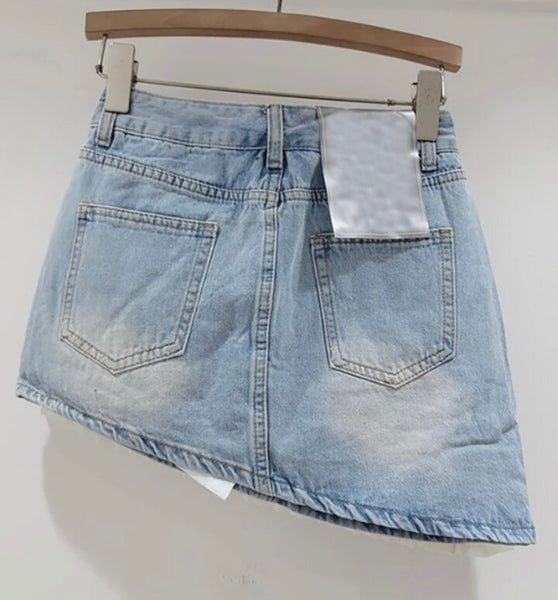 Women Fashion Ruffled Pearl Asymmetrical Denim Skirt